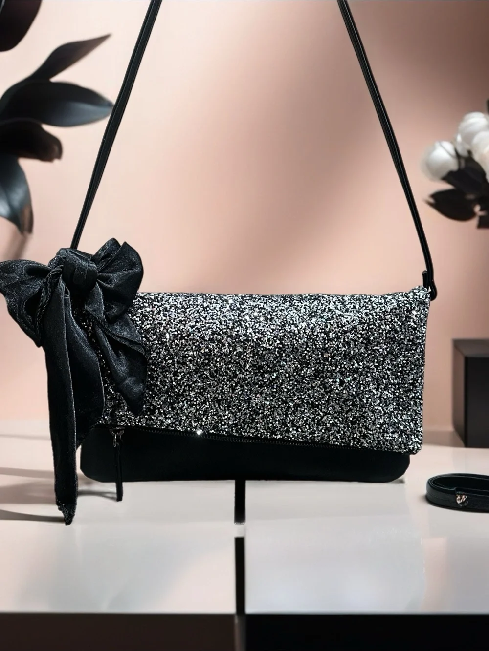 Elegant Black & Silver Shoulder Bag with Bow Accent